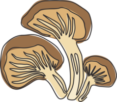 Single continuous line drawing of whole healthy organic mushrooms for farm logo identity. Fresh toadstool concept for vegetable icon. Modern one line graphic draw design vector illustration png
