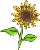 einzelne durchgehende Linienzeichnung der Schönheit frischer Sonnenblumen für das Parklogo. dekoratives Helianthus-Frühlingsblumenkonzept für Wandwohnkultur-Plakatkunst. moderne eine linie zeichnen design-vektorillustration png