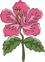 één enkele lijntekening van schoonheids verse hibiscus voor tuinlogo. decoratief roos kaasjeskruid bloem concept voor muur home decor poster. moderne doorlopende lijn tekenen grafisch ontwerp vectorillustratie png