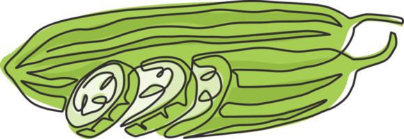 desenho de linha única contínua de cabaça de esponja orgânica saudável inteira e fatiada para a identidade do logotipo. conceito de luffa vietnamita fresco para o ícone de vegetais. ilustração em vetor moderno desenho de uma linha png