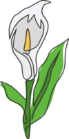 enkele een lijntekening van schoonheid verse aronskelk voor muur home decor poster art. afdrukbare decoratieve zantedeschia-bloem voor groen parkpictogram. moderne doorlopende lijn tekenen ontwerp vectorillustratie png