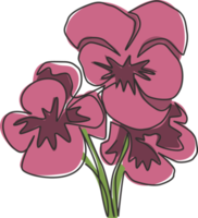 einzelne durchgehende Strichzeichnung der Schönheit frischer Viola-Hybridpflanze für Wandkunst-Wohnkulturplakat. Druckbare dekorative Stiefmütterchenblume für Grußkartenverzierung. eine linie zeichnen design vektorillustration png