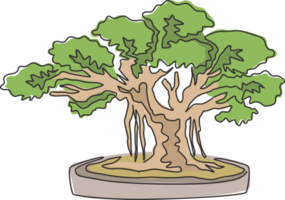 dibujo de una sola línea hermoso y exótico árbol bonsai japonés. pequeño árbol de higuera decorativo en concepto de árbol para tarjetas postales de felicitación. Ilustración de vector gráfico de diseño de dibujo de línea continua moderna png