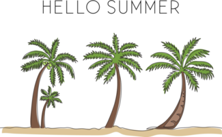 enda en rad ritning av kokospalmer. dekorativa cocos nucifera palm för hej sommar hälsning vykort. turism resor semester koncept. modern kontinuerlig linje rita design vektorillustration png