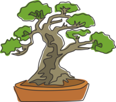 One continuous line drawing of old beauty and exotic miniature bonsai tree. Decorative banyan plant concept for agriculture exhibition logo. Trendy single line draw design vector graphic illustration png