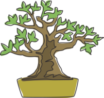 een doorlopende lijntekening schoonheid en exotische mini bonsai boom voor thuis muur decor art poster print. oud ingemaakte bonsaiconcept voor het embleem van de installatiewinkel. trendy enkele lijn tekenen ontwerp vectorillustratie png