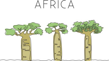 en kontinuerlig linjeteckning av stort baobabträd. dekorativ adansonia digitata växt för hem väggdekor konst affischtryck. resa semester koncept. trendiga en rad rita design vektorillustration png