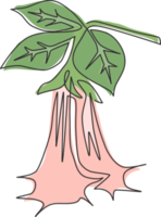 en kontinuerlig linjeteckning av skönhet färsk brugmansia för heminredning väggkonst affischtryck. dekorativ ängel trumpet blomma koncept för gratulationskort. enkel rad rita design vektorillustration png