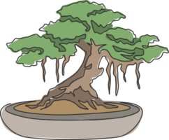 dibujo de línea continua única del hermoso y exótico árbol bonsai de Japón. Viejo concepto decorativo del árbol de higuera pequeño para la impresión del cartel del arte de la pared de la decoración casera. Ilustración de vector de diseño de dibujo de una línea moderna png