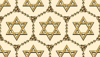 Seamless geometric pattern with hexagonal grid with golden chains, star of David on beige background. Vector illustration in vintage style.