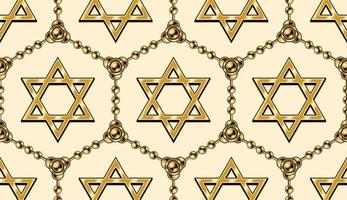 Seamless geometric pattern with hexagonal grid with golden chains, star of David on beige background. Vector illustration in vintage style.