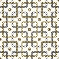 Seamless geometric chain pattern with intricate overlapping squares on white background. Gold and silver chains. Vector Illustration.