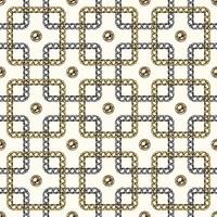 Seamless geometric chain pattern with intricate overlapping squares on white background. Gold and silver chains. Vector Illustration.