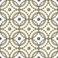 Seamless geometric chain pattern with ball beads, curb link chains, intricate overlapping circles on white background. Silver and gold chains. vector