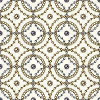 Seamless geometric chain pattern with ball beads, curb link chains, intricate overlapping circles on white background. Silver and gold chains. vector