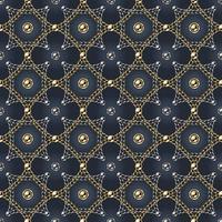 Seamless geometric chain pattern with metallic beads, intricate overlapping squares, rhombuses on a faint glowing dark blue background. Silver and gold chains. Vector Illustration.