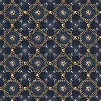 Seamless geometric chain pattern with metallic beads, intricate overlapping squares, rhombuses on a faint glowing dark blue background. Silver and gold chains. Vector Illustration.