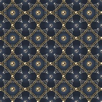 Seamless geometric chain pattern with metallic beads, intricate overlapping squares, rhombuses on a faint glowing dark blue background. Silver and gold chains. Vector Illustration.