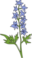 un seul dessin au trait beauté frais pied d'alouette pour le logo du jardin. décoratif du concept de delphinium vivace pour l'impression d'affiches d'art de décoration murale à la maison. ligne continue moderne dessiner illustration vectorielle de conception png