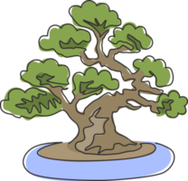 enkele een lijntekening oude schoonheid exotische mini bonsai boom voor thuis wall art decor poster. decoratieve potbanyanplant voor tentoonstellingsvertoning. moderne doorlopende lijn tekenen ontwerp vectorillustratie png