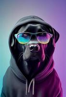 creativo animal composición. negro Labrador en Rasgado sudadera, vistiendo sombras gafas de sol lente aislado. pastel degradado antecedentes. con texto Copiar espacio. generar ai foto