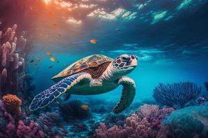 mar Tortuga nadando en el debajo mar , hermosa submarino y colorido coral en salvaje naturaleza de el Pacífico océano. generar ai foto