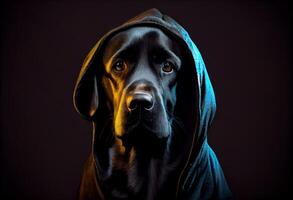 high detail, close up portrait, a black labrador in torn hoodie, looking at the camera, studio shot, , dark mode, sad, depth of field, fashion, neon glow backlight, silhouette. Generate Ai photo