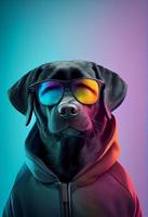 Creative animal composition. Black labrador in torn hoodie, wearing shades sunglass eyeglass isolated. Pastel gradient background. With text copy space. Generate Ai photo