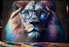 de colores león con prescripción anteojos, un fotorrealista cuadro. generar ai foto