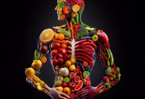 sano nutrición y dieta concepto. humano cuerpo hecho de Fresco frutas y vegetales. generar ai. foto