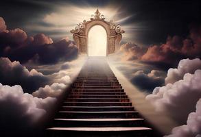 Heavens gate to heaven end of life. Stairway to Heaven. Religious background. Generate Ai. photo
