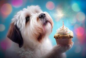 Cute dog celebrates birthday with cupcake on festive bokeh background. Generate Ai. photo