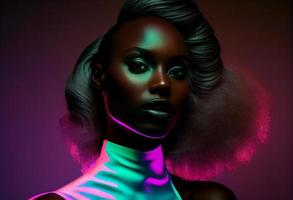 Fashion portrait beautiful black woman, look at camera, in neon studio lighting. Generate Ai. photo