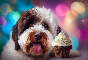 Cute dog celebrates birthday with cupcake on festive bokeh background. Generate Ai. photo