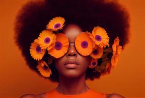 A black woman with afro hair covering her eyes. Generate Ai. photo