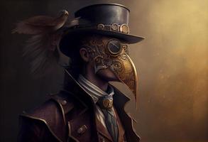un hombre vistiendo un Steampunk sombrero y un Steampunk mascarilla, fantasía arte, steampunk generar ai foto
