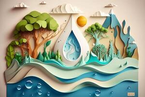 papel Arte , ecología y mundo agua día , ahorro agua y mundo ambiente día, ambiental proteccion y salvar tierra agua. generar ai foto