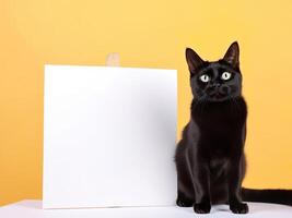 a cute black cat with blank whiteboard on isolated orange color background, playful and adorable pet, photo