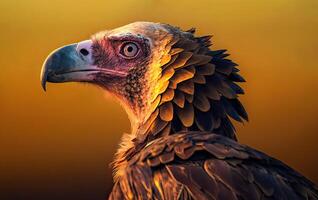 Portrait of the Vulture against the background of the morning sun. Side view. . photo