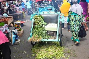 Surabaya, East Java, Indonesia, April 2, 2023, Asian people selling mustard green and spinach on pedicab, in indonesian traditional market photo