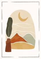 Modern abstract minimalist landscape poster. Mountains and moon. Earth tones. Leaf in a vase near the window. Boho mid century print. Flat design.  Stock vector illustration