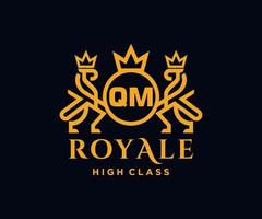 Golden Letter QM template logo Luxury gold letter with crown. Monogram alphabet . Beautiful royal initials letter. vector