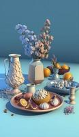 Iftar meals and gatherings with flowers , pastel colors, on blue background. Creativity of human.3d render and illustration, Generate Ai photo