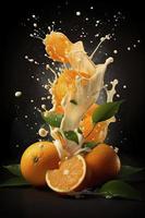Orange and milk poster, several oranges, splashes of milk, Generate Ai photo