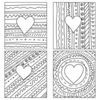 Set of cards with hearts and linear patterns, coloring pages in the form of greeting cards vector