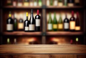 Wine wooden table background. Blurred wine shop with bottles. Generate Ai. photo