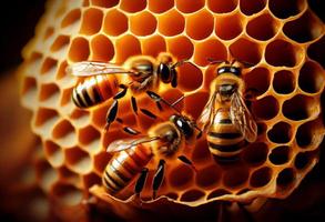 A group of bee on the honeycomb producing honey. Generate Ai. photo