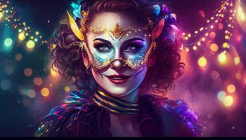 Carnival banner mardi gras woman smiling with venetian mask night lights copy space. Generate Ai. photo