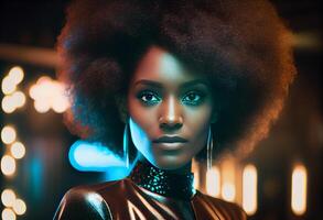 elegante y de moda negro mujer con afro pelo en disco club. generar ai. foto