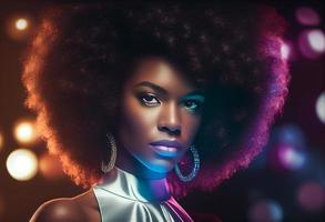 elegante y de moda negro mujer con afro pelo en disco club. generar ai. foto